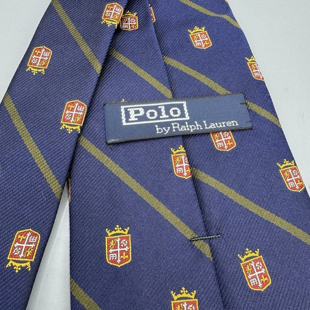 Vintage Polo Ralph Navy Stripe Club Crest Shield Tie Silk USA Embroidered